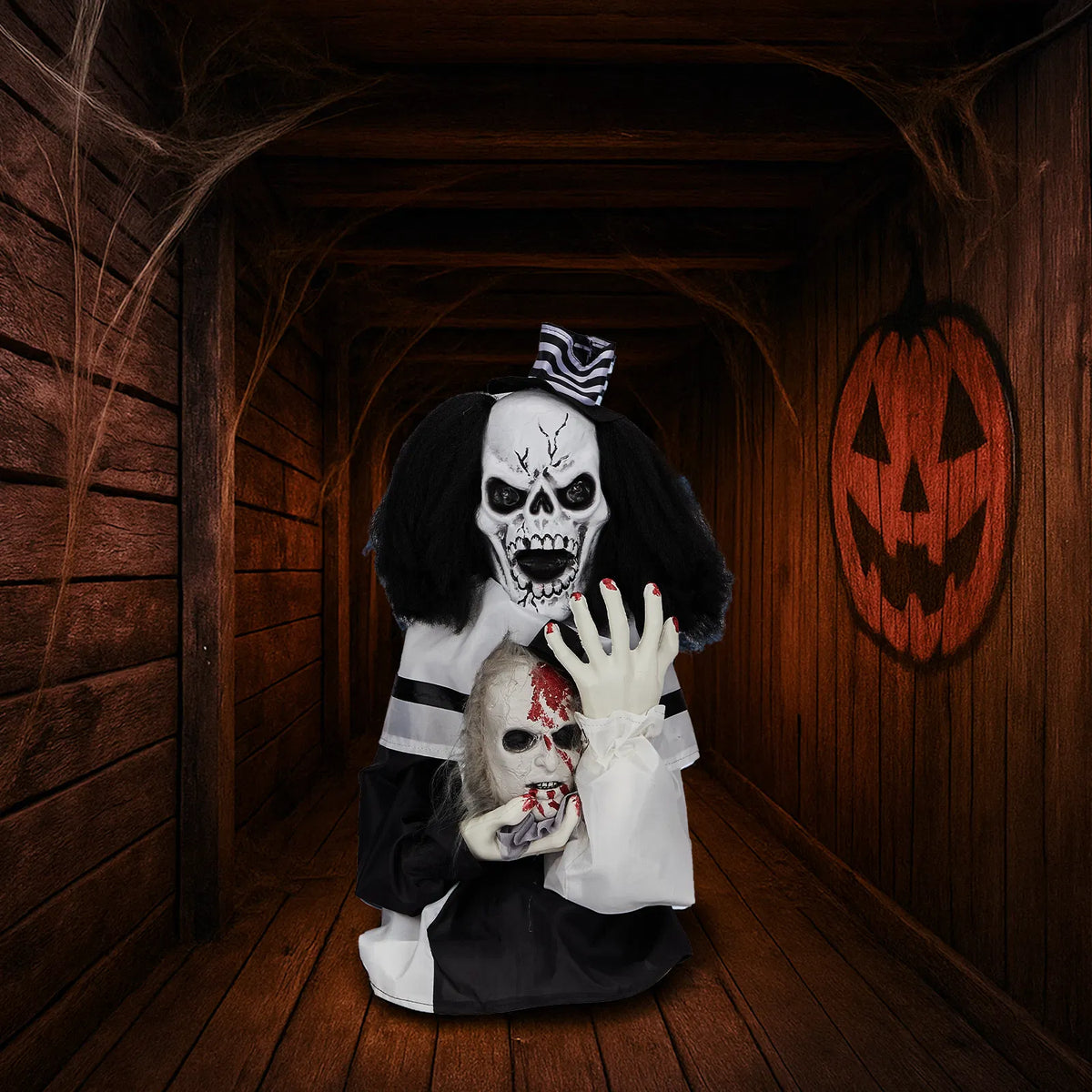 Halloween Animated Scary Clown Prop, Talking Skeleton Clown with LED Glowing Eyes, Holding Bloody Severed Head, Haunted House Yard Decor