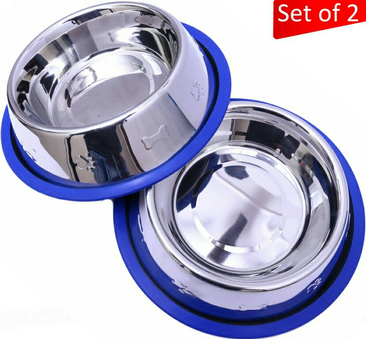 Etched Stainless Steel Dog Bowl, Pet Food Water Bowl with Non-Slip Blue Silicone Base