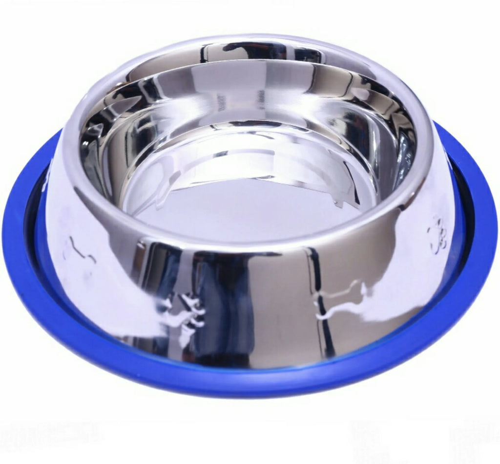 Etched Stainless Steel Dog Bowl, Pet Food Water Bowl with Non-Slip Blue Silicone Base