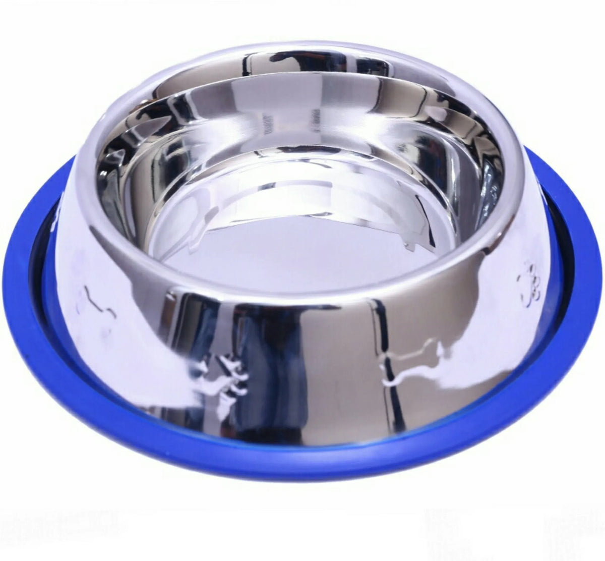 Etched Stainless Steel Dog Bowl, Pet Food Water Bowl with Non-Slip Blue Silicone Base