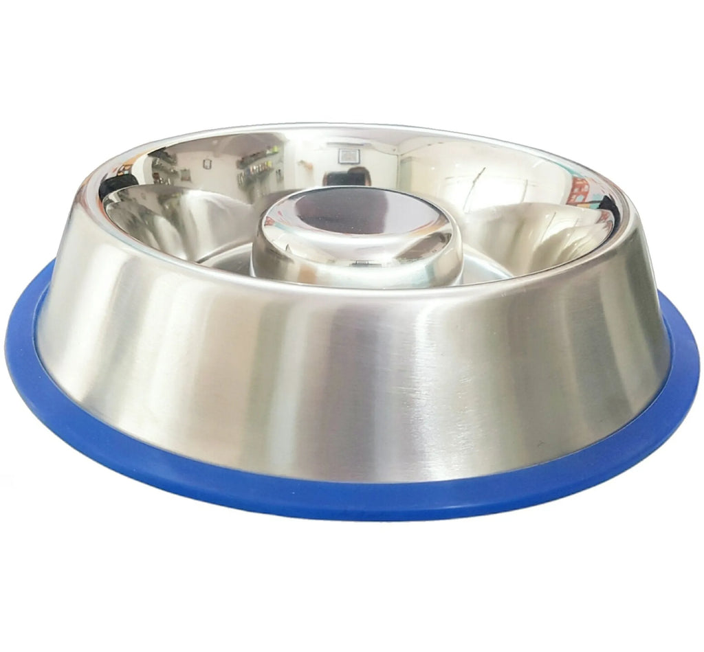 Slow Feed Anti Bloat Dog Bowl, Stainless Steel Pet Feeder with Bonded Non-Slip Silicone Base for Fast Eaters