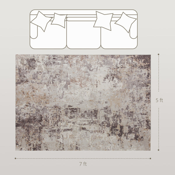 Area Rug 7x5 Ft, Abstract Distressed Gray Brown Carpet for Living Room, Non Slip Soft Rug with Reinforced Edge for High Traffic