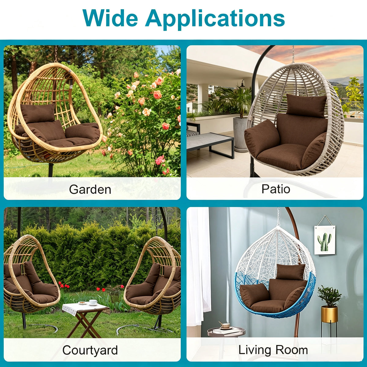 Hanging Egg Chair Cushion with Head Pillow, Thick Hollow Cotton Replacement Pad, Removable Washable Polyester Cover for Indoor Outdoor Wicker Swing Chair