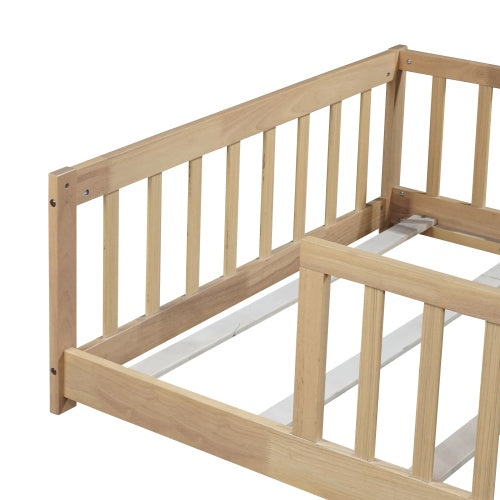 AEELLEEA Twin Size Montessori Floor Bed with Guardrails, Wooden Kids Bed Frame with Low Entry and Slats, Natural