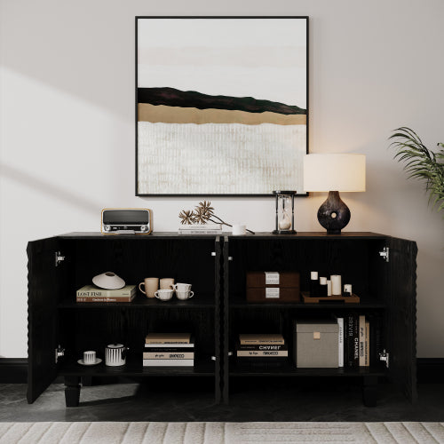 AEELLEEA 59" Black Sideboard Buffet Cabinet with 4 Sunburst Textured Doors, Modern Storage Credenza with Shelves for Living Room