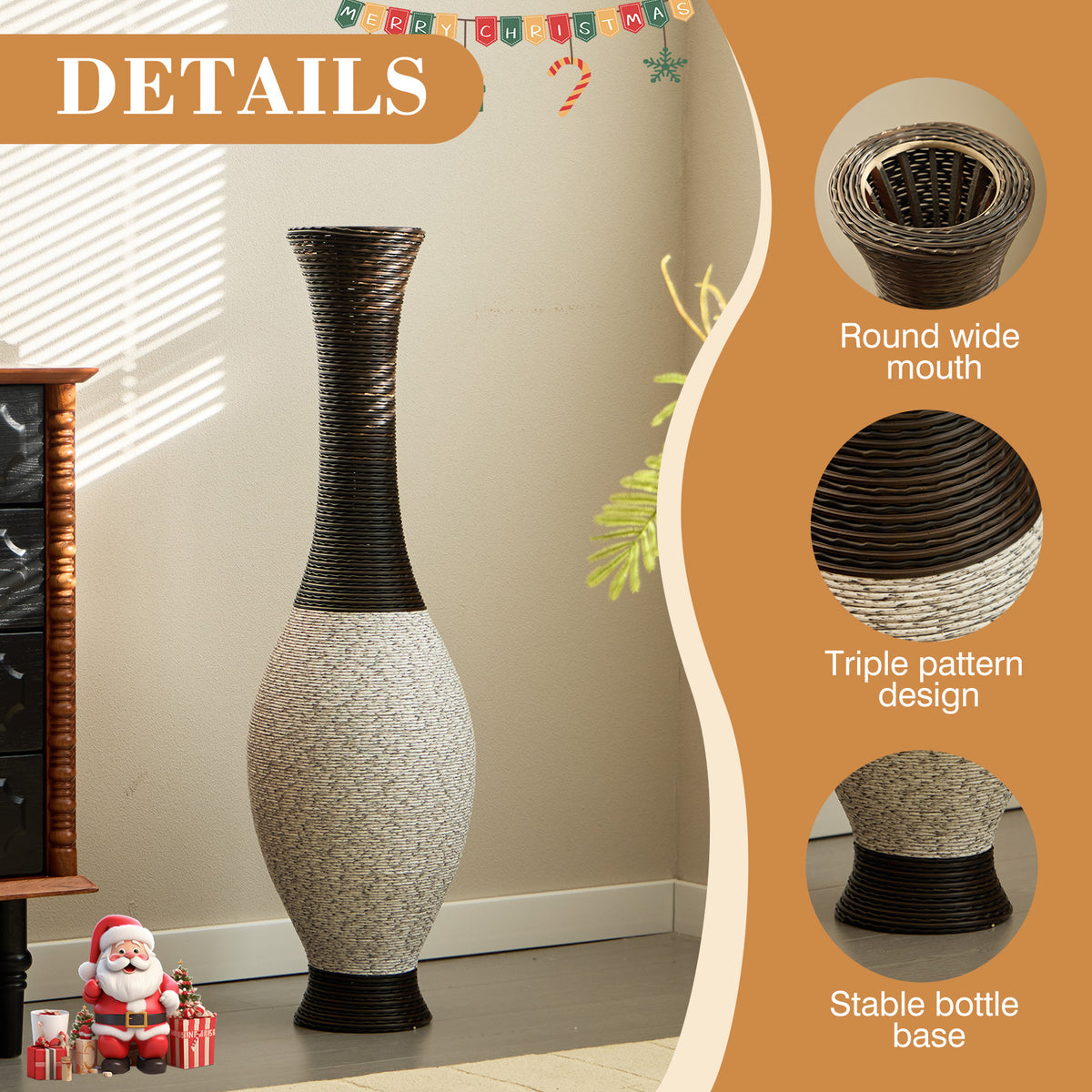 AEELLEEA Tall Woven Floor Dry Vase, 40.2"H x 11.8" D, Two-Tone Textured Decor Vase for Pampas Grass & Dried Branches, Boho Farmhouse Entryway Living Room Decor
