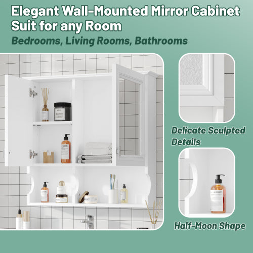 Wall Mounted Storage Cabinet with Mirror, White Bathroom Medicine Cabinet with Adjustable Shelf, Wall Cabinet for Bedroom