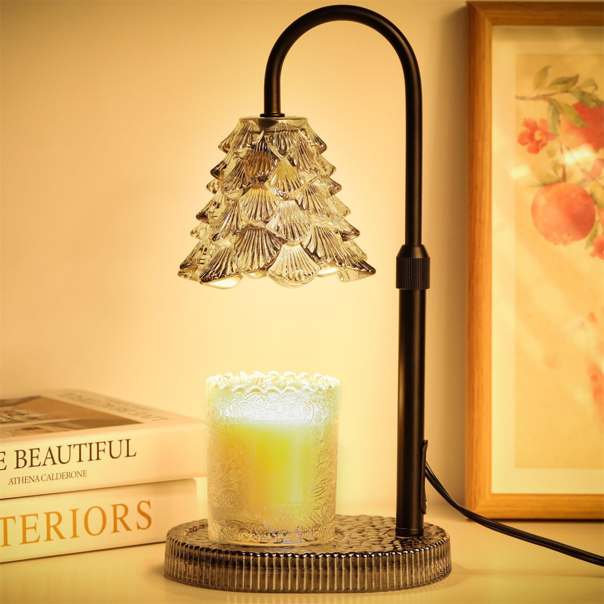 Candle Warmer Lamp, Christmas Tree Lampshade Glass Base Wax Melt Warmer for Jar Candles with Timer Dimmable Adjustable Height 2 Bulbs, Home Decor Gift
