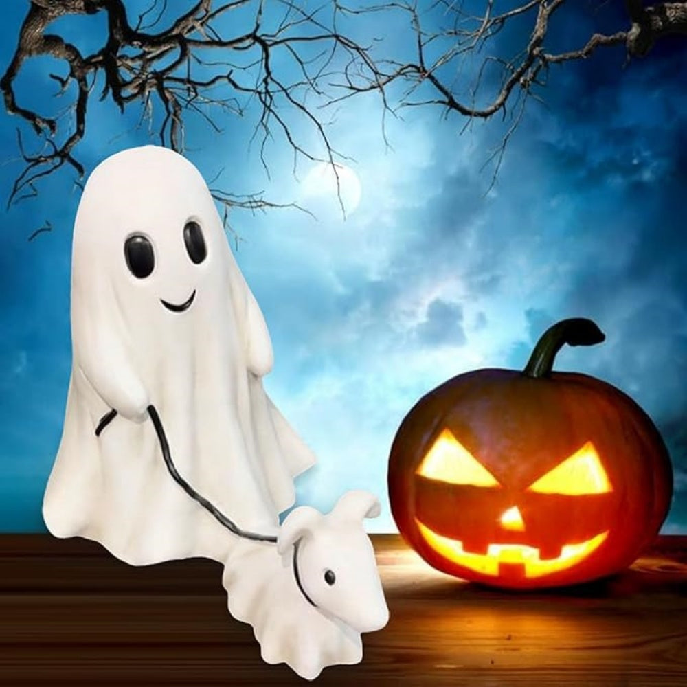 Ghost Walking Dog Statue, Spooky Ghost Dog Halloween Figurine, Funny Halloween Ghost Dog Ornament, Outdoor Garden Tabletop Sculpture Decoration