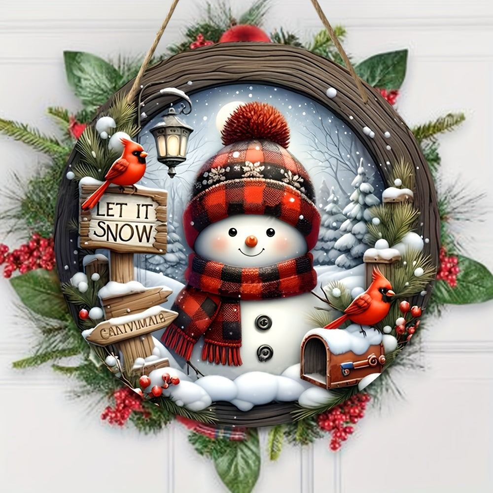 Christmas Snowman Wreath for Front Door, Let It Snow Winter Holiday Decor with Cardinals, Pine Cones, Berries & Warm Festive Charm for Home, Porch
