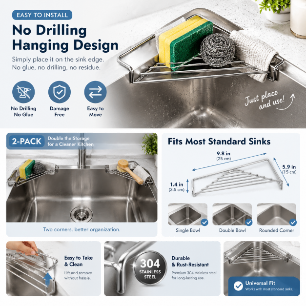 304 Stainless Steel Over The Sink Kitchen Storage Rack, Rustproof Sink Caddy for Sponge, Brush and Dish Cloth