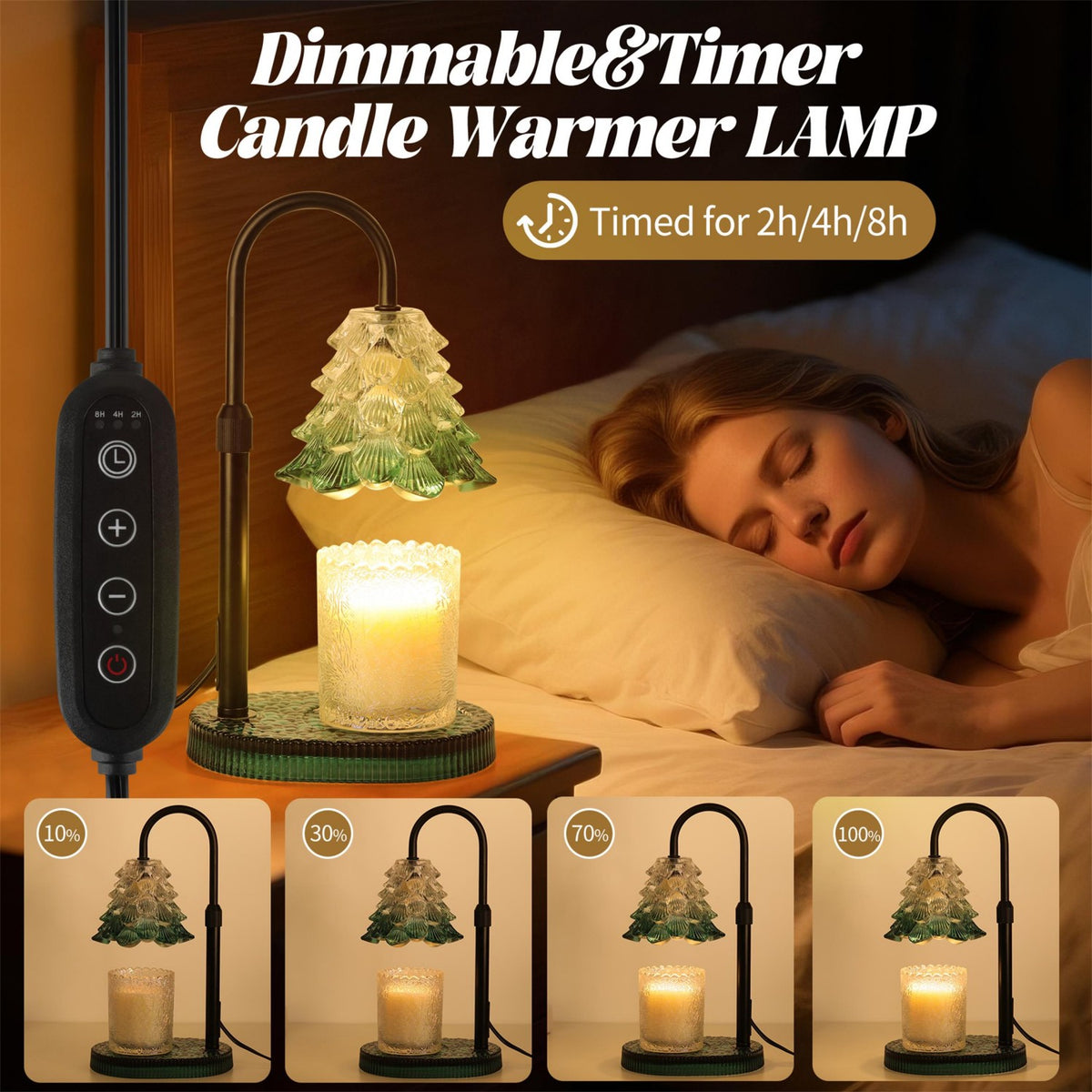 Candle Warmer Lamp, Christmas Tree Lampshade Glass Base Wax Melt Warmer for Jar Candles with Timer Dimmable Adjustable Height 2 Bulbs, Home Decor Gift
