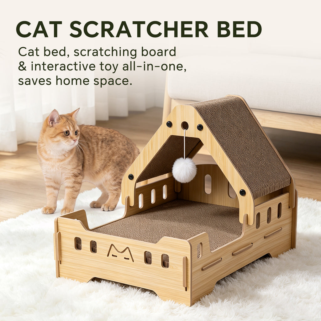 Cat Scratcher Bed, 3‑In‑1 Vertical Curved Cat Scratch Pad With Solid Wood Frame & Hanging Pom‑Pom Toy For Indoor Cats