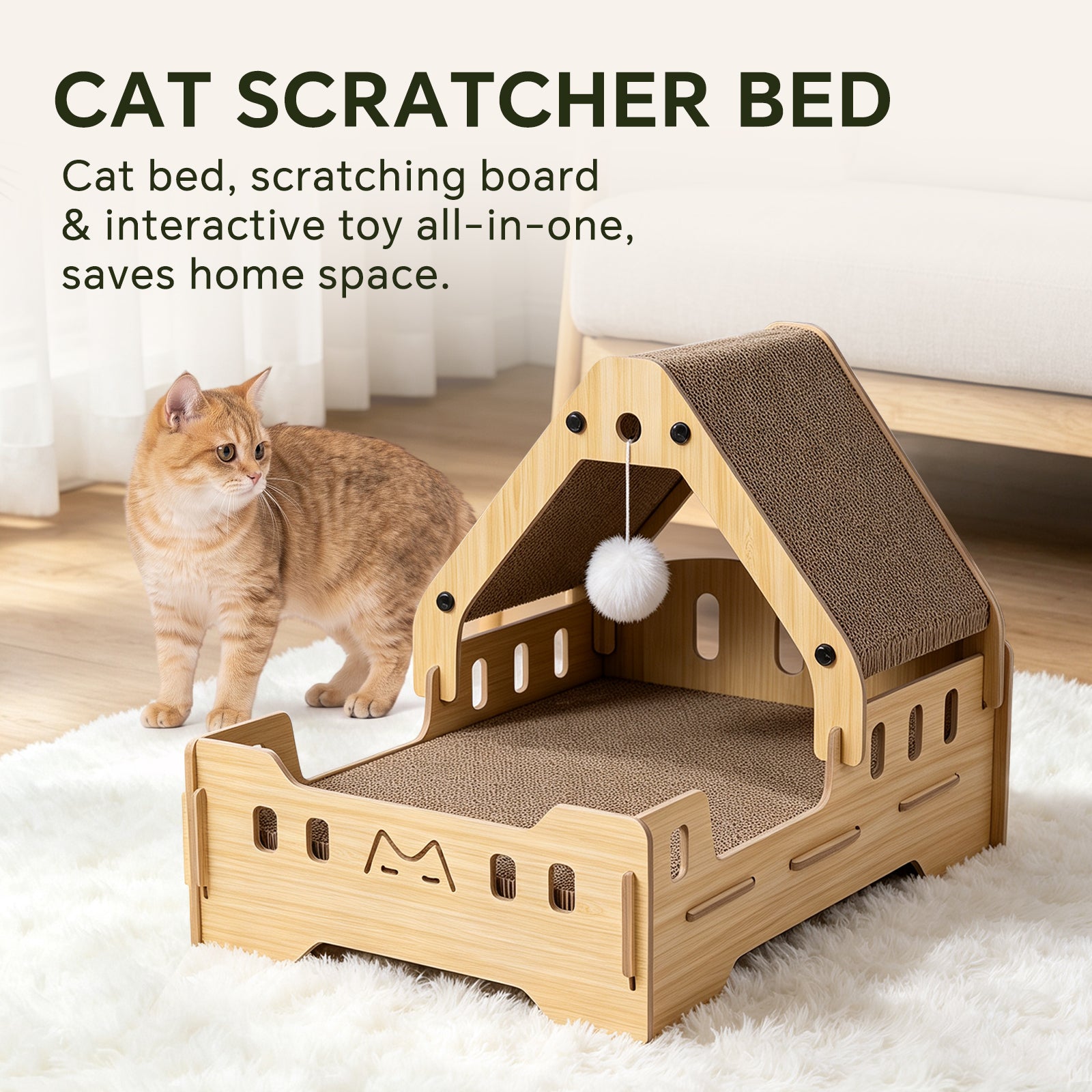 Cat Scratcher Bed, 3‑In‑1 Vertical Curved Cat Scratch Pad With Solid Wood Frame & Hanging Pom‑Pom Toy For Indoor Cats