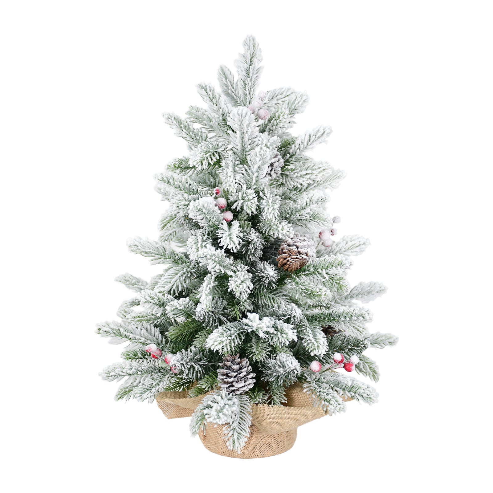 3ft PE/PVC Flocked Jute Christmas Tree - 28pcs Decorations (14 Pine Cones +14 Red Fruits) Mini Tabletop Holiday Decor