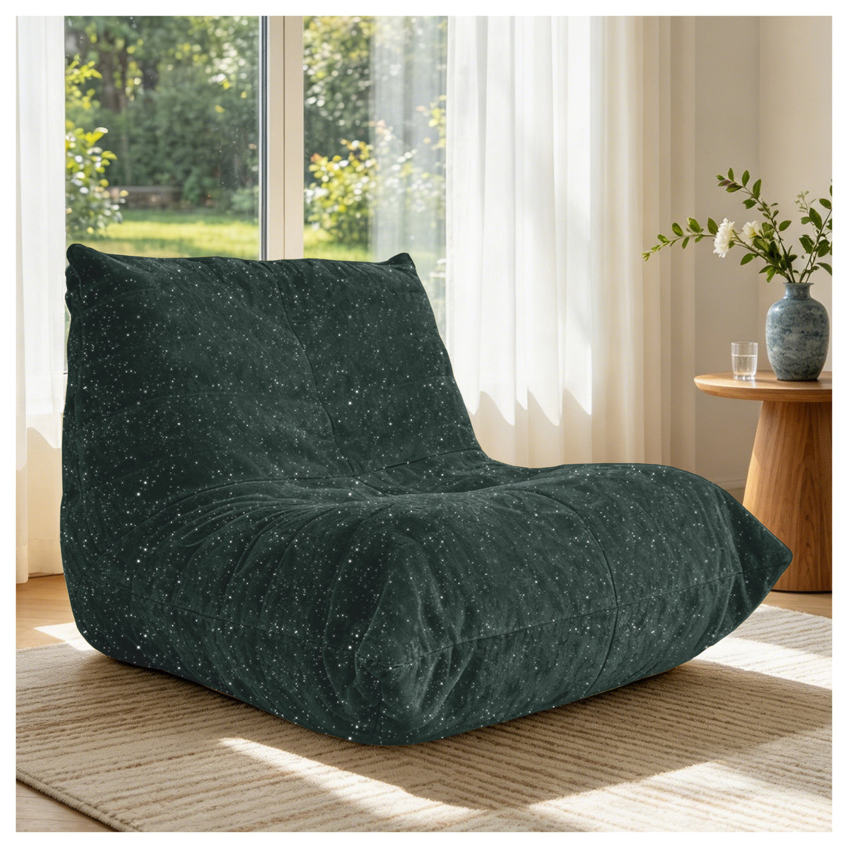 AEELLEEA Dark Green Sparkling Chenille Bean Bag Chair, Ergonomic Lazy Sofa with Removable Cover & Anti-Slip Base