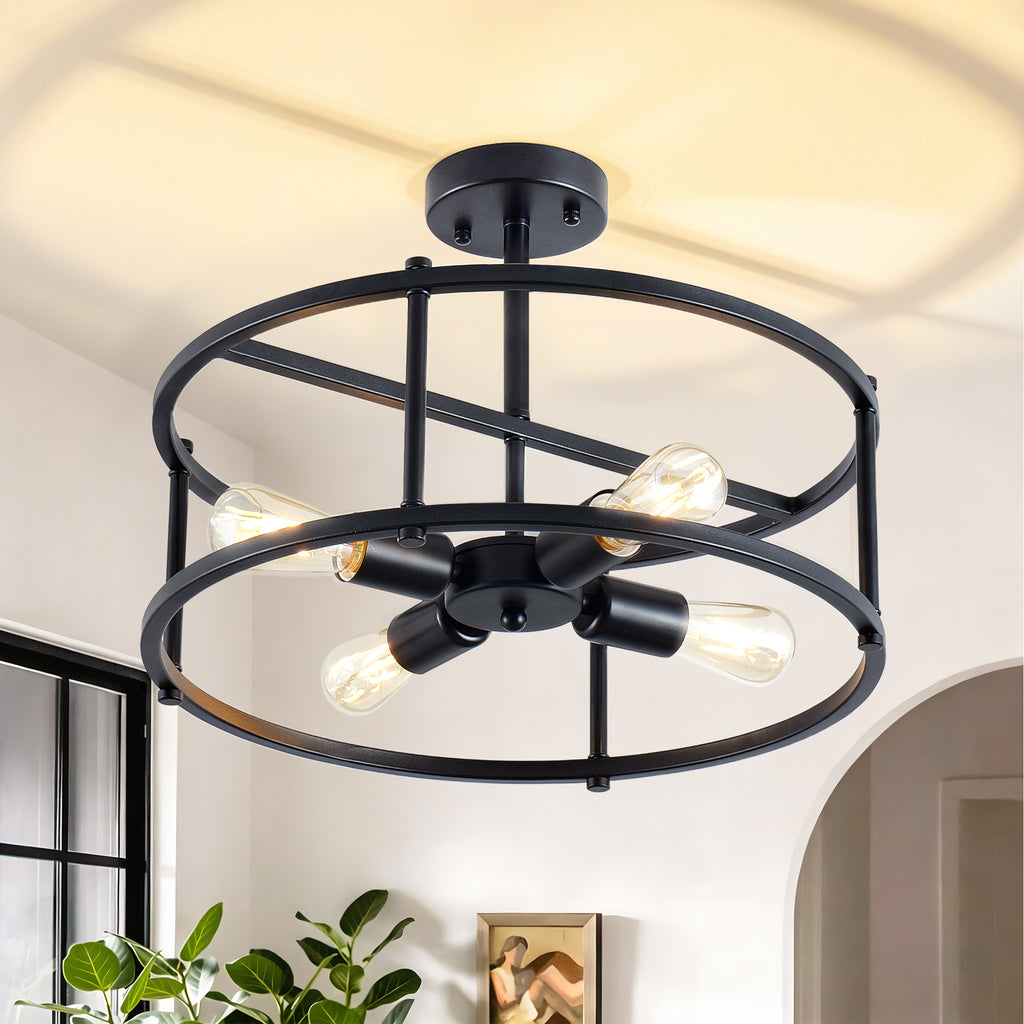 4-Light Semi Flush Mount Ceiling Light, Industrial Black Metal Circular Frame Cage Chandelier, Farmhouse Ceiling Lamp for Bedroom Living Room Hallway Entryway Home Decor