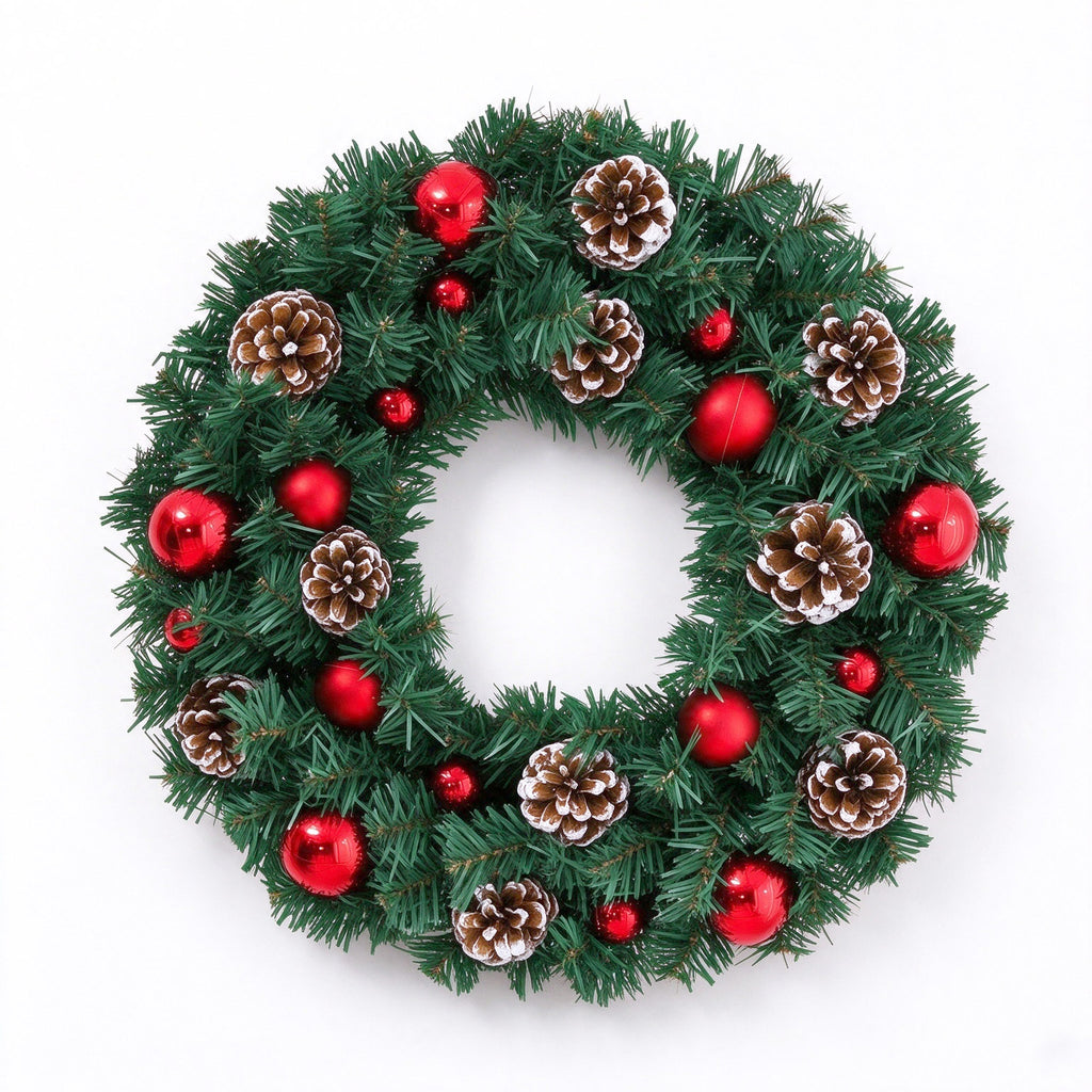 11.8 in Christmas Wreath, Artificial Pine Wreath with Pine Cones and Red Christmas Balls, Decorative Hanging Door Wreath for Home Decor