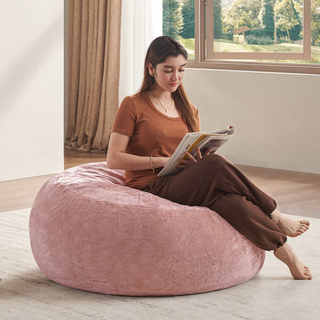 3 ft Pink Bean Bag Chair with Memory Foam Filling, Soft Teddy Velvet, Removable Washable Cover for Living Room