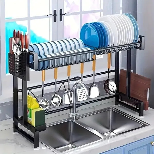 Aeelleea Retractable Dish Drying Rack, Single/Double Layer Countertop Sink Drain Rack, Black Kitchen Dish Storage