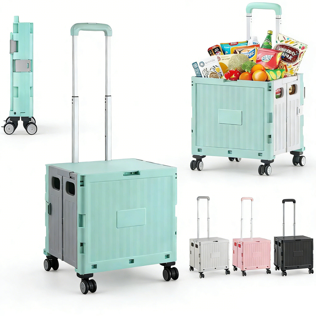 Foldable Utility Cart Portable Rolling Crate with Lid Collapsible Handcart Shopping Trolley Telescopic Handle 4 Wheels for Picnic Camping Outdoor Use
