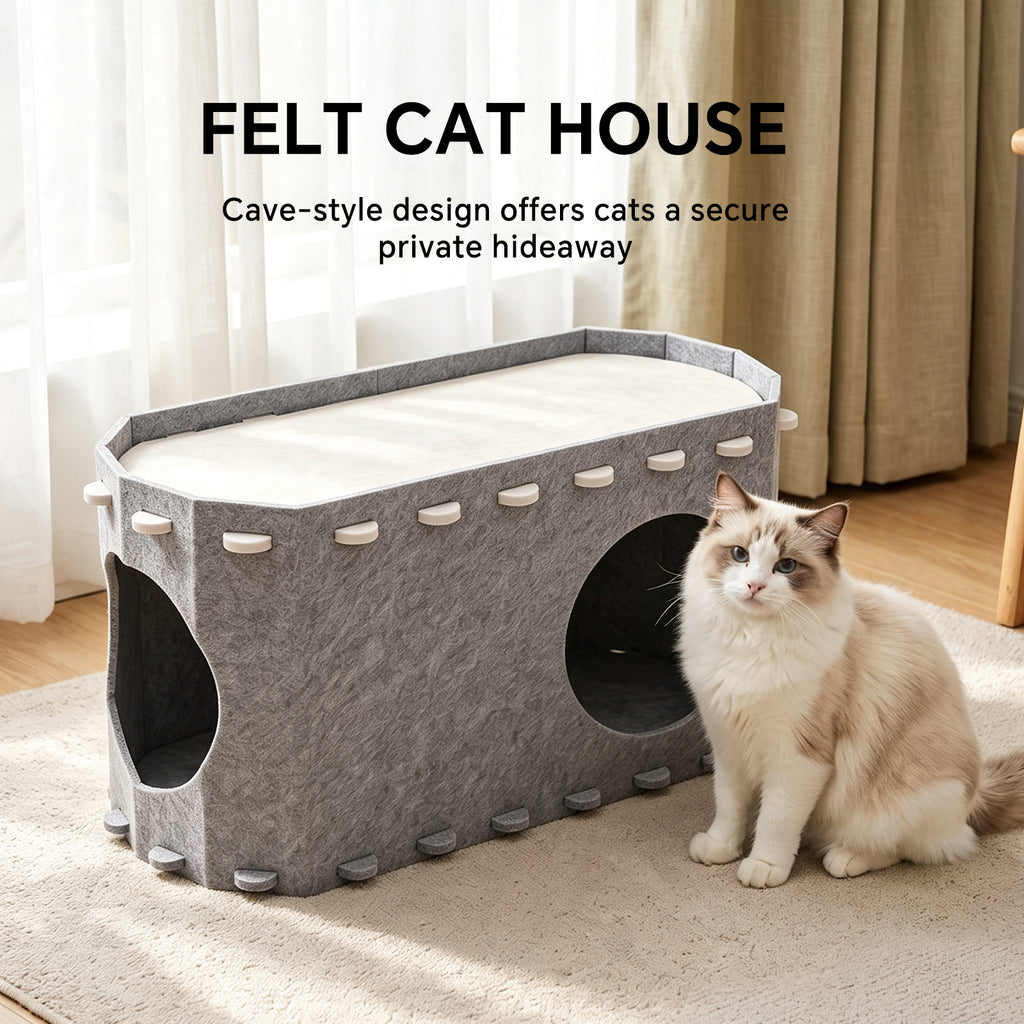 Felt Cat House for Indoor Cats, Peekaboo Cat Cave Bed with Cozy Hideaway and Multiple Openings, Light Gray