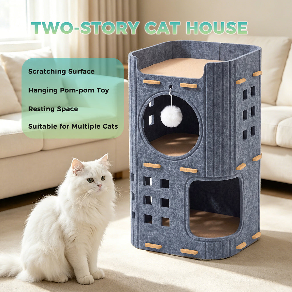23.62 Inch 2-Storey Felt Cat Bed Cave, Large Covered Tunnel Hideaway, Scratch Resistant Cozy Indoor Condo for Multi Cats, Dark Grey