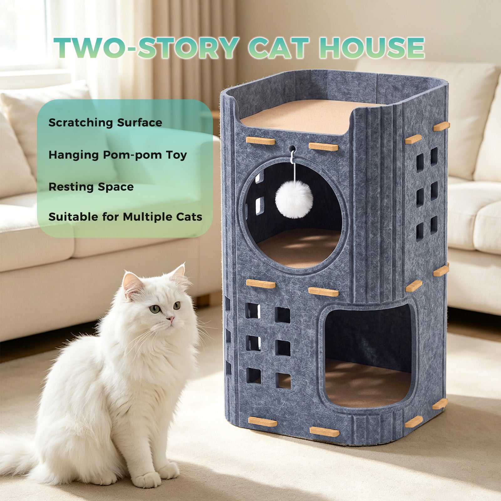 23.62 Inch 2-Storey Felt Cat Bed Cave, Large Covered Tunnel Hideaway, Scratch Resistant Cozy Indoor Condo for Multi Cats, Dark Grey