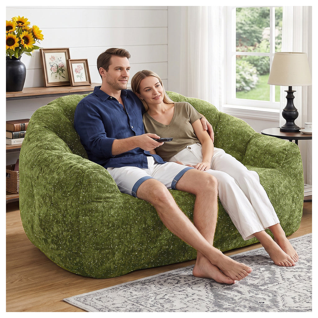 AEELLEEA 55" 2-Seater Floor Sofa, Plush Foam Bean Bag Couch with Deep Seat, Non-Slip Bottom, No Assembly, Green