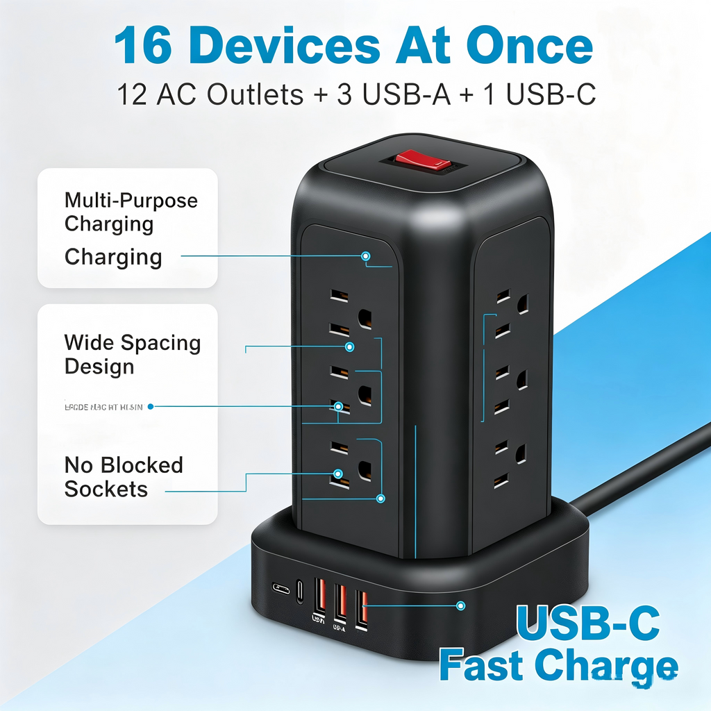 Power Strip Tower Surge Protector,16‑in‑1,12 AC Outlets,4 USB Ports(1 USB‑C),5.1FT Heavy‑Duty Cord,Overload Protection for Home Office