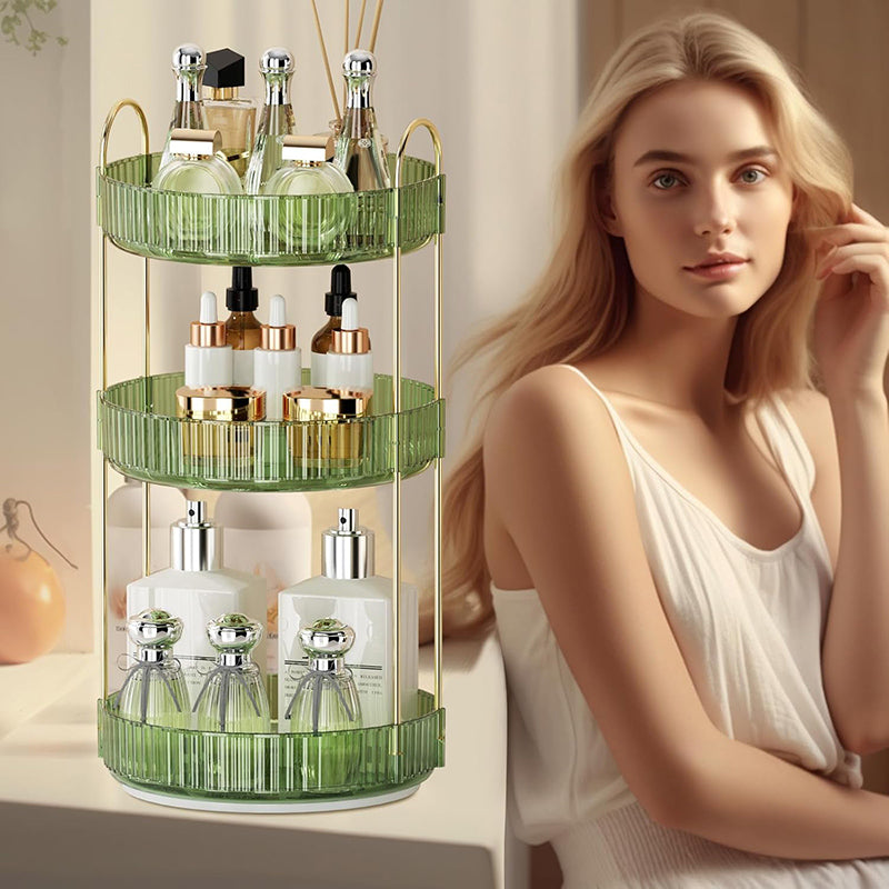 360° Rotating Perfume Organizer, 3-Tier Makeup Organizer and Storage, Large Capacity Cosmetic Holder, Bathroom Counter and Vanity Organizer, Green
