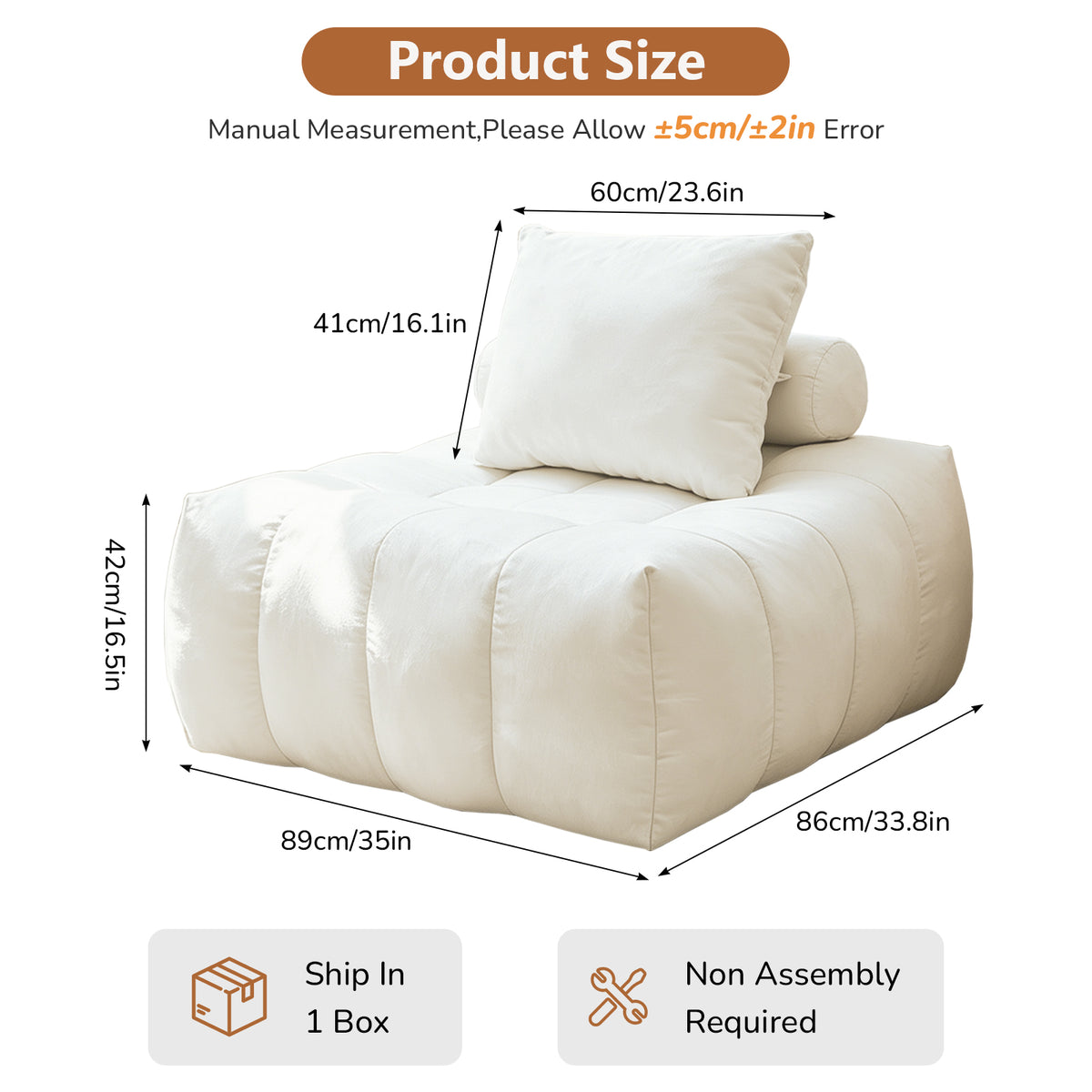 AEELLEEA Bean Bag Lounge Chair for Adults with Pillow, Foam Filled Armless Accent Chair, Cozy Floor Sofa for Living Room, White
