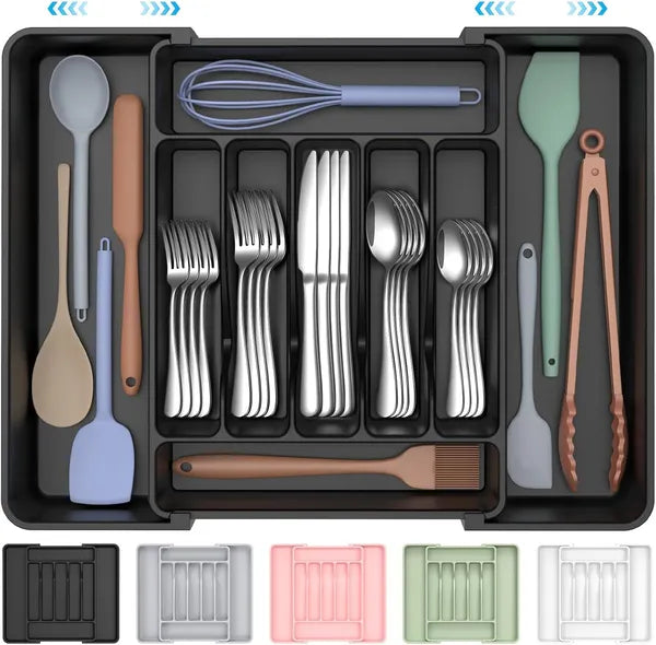 AEELLEEA Expandable Silverware Organizer Tray, Black Adjustable Kitchen Drawer Utensil Holder for Flatware