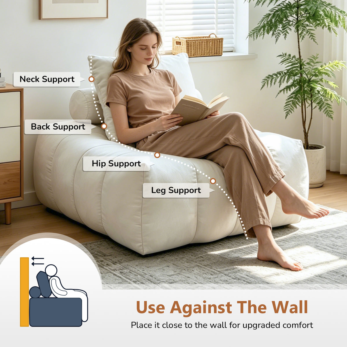 AEELLEEA Bean Bag Lounge Chair for Adults with Pillow, Foam Filled Armless Accent Chair, Cozy Floor Sofa for Living Room, White