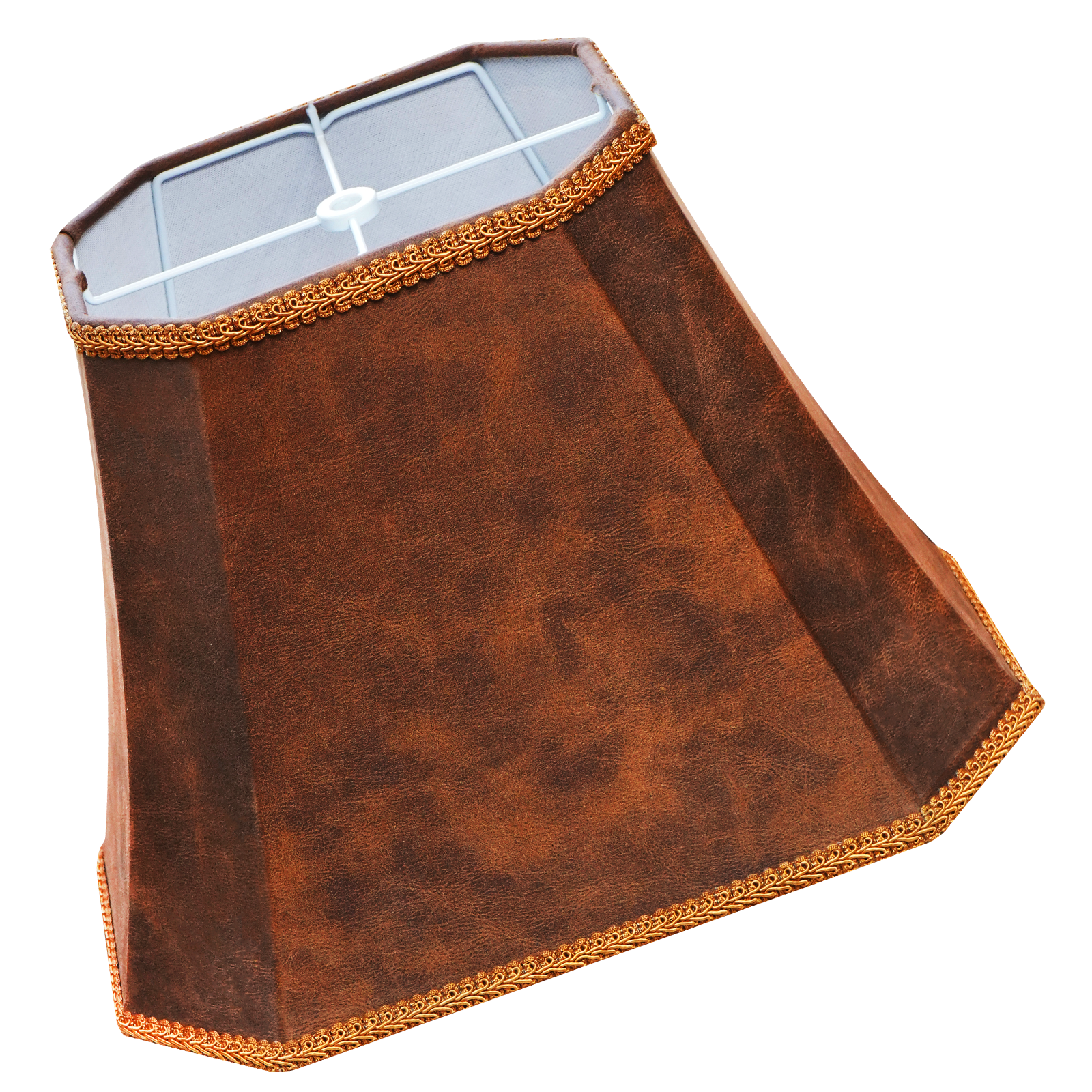 ALUCSET Vintage Brown Octagonal Bell Lamp Shade 8"×14"×10.5", Faux Leather with Gold Trim, Spider Fitter for Table & Floor Lamps