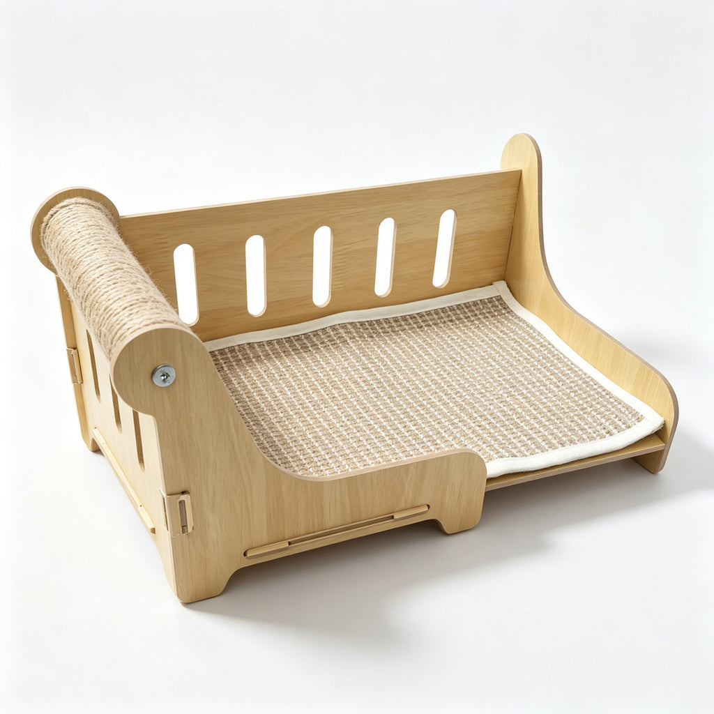 Cat Scratcher Couch Bed with Sisal Scratching Post, Wooden Cat Lounge Furniture for Indoor Cats