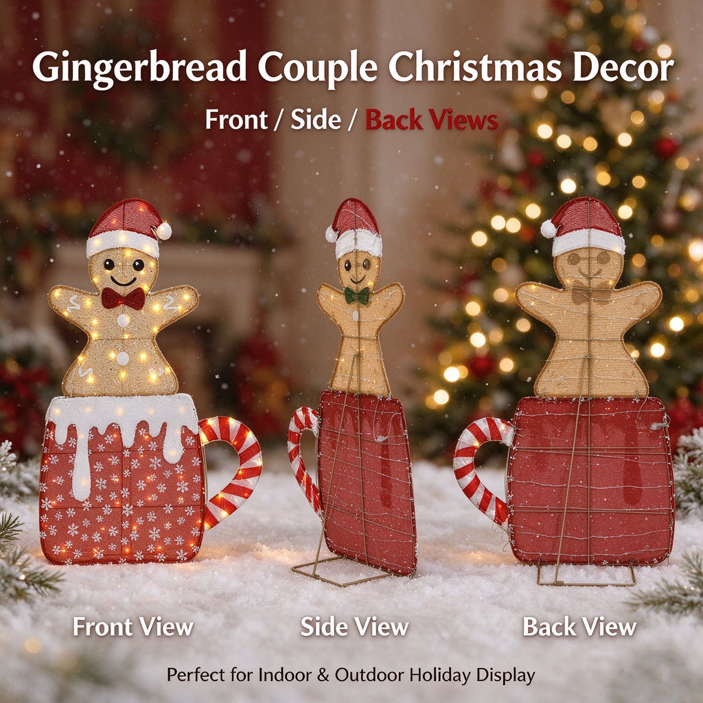 40" Set of 2 lighted 2D tinsel gingerbread couple decorations, featuring cute gingerbread figures sitting inside festive Christmas mugs, plug-in powered with warm glowing lights.