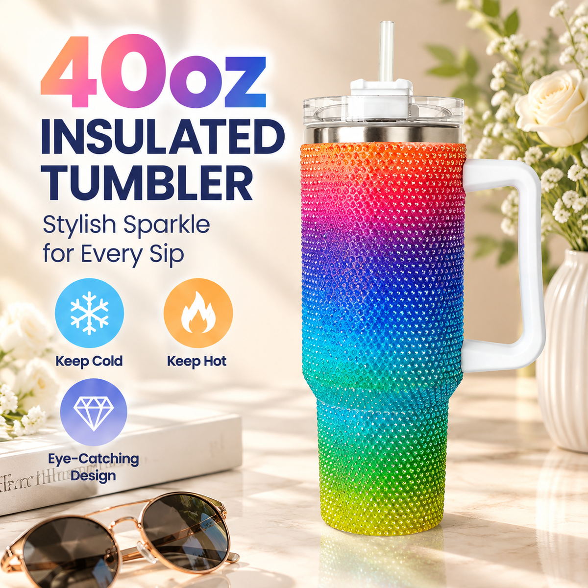 40oz Insulated Tumbler with Lid and Straw, Reusable Travel Cup for Hot and Cold Drinks, Colorful Drinkware for Home, Office and Travel
