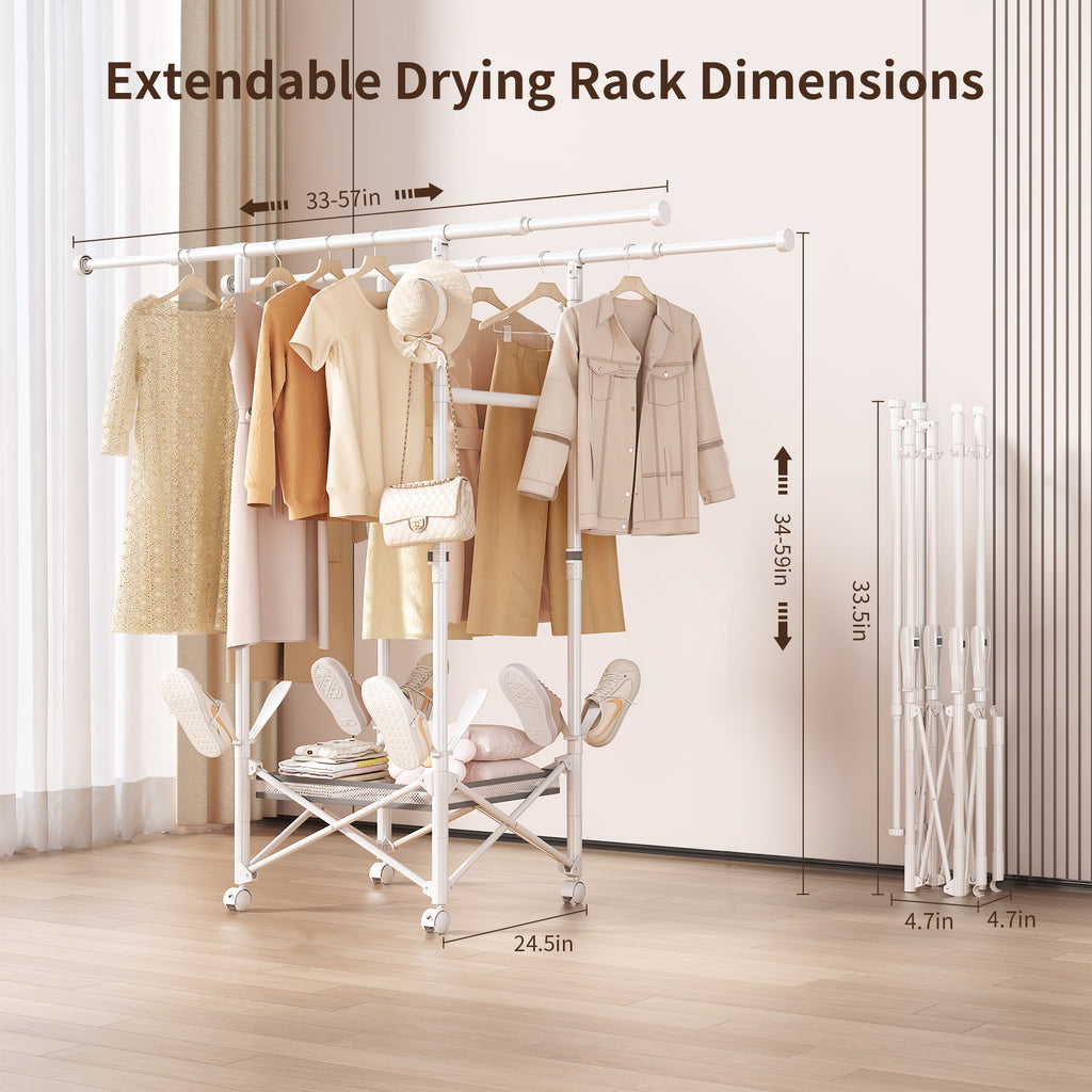 Foldable Clothes Drying Rack with Wheels, Large Capacity Expandable Laundry Rack, Portable Collapsible Dryer, No Assembly, Indoor & Outdoor Use