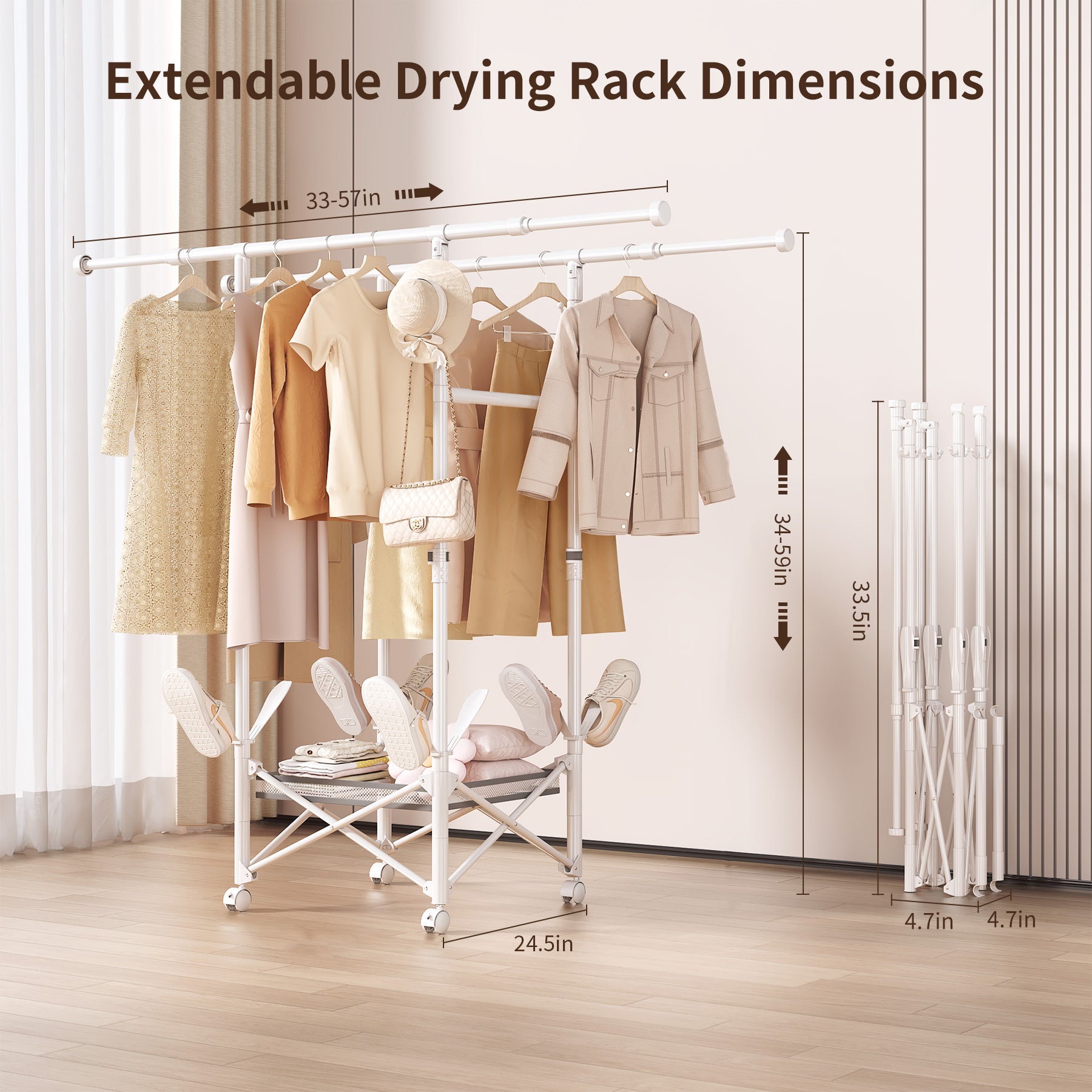 Foldable Clothes Drying Rack with Wheels, Large Capacity Expandable Laundry Rack, Portable Collapsible Dryer, No Assembly, Indoor & Outdoor Use