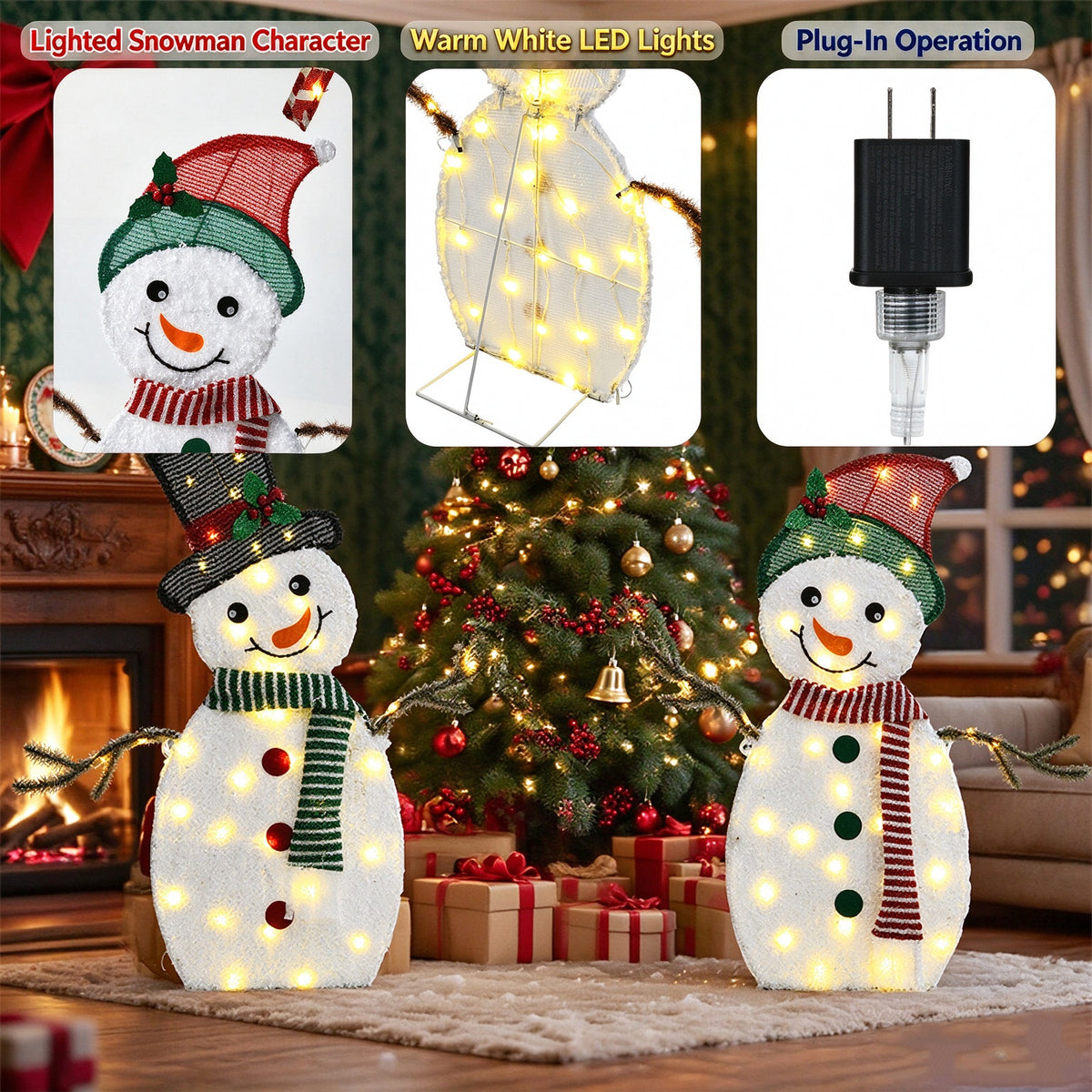 30 Inch Set of 2 Lighted Snowman Couple Christmas Decorations, 2D Tinsel Snowmen with Heart Candy Cane, Plug-in Light Up for Indoor Outdoor Xmas Winter Yard Lawn Garden Decor