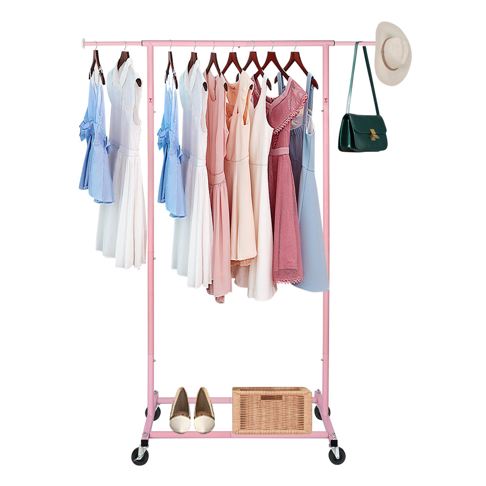 Pink Rolling Garment Rack with Wheels, Adjustable Single Rod Metal Clothes Rack, Heavy-Duty Clothing Organizer Holds Up to 150 lbs for Bedroom, Dorm, Laundry Room, and Balcony
