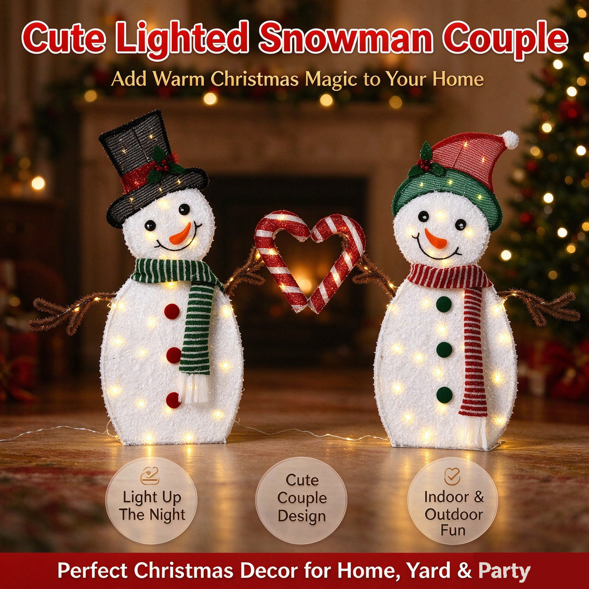 30 Inch Set of 2 Lighted Snowman Couple Christmas Decorations, 2D Tinsel Snowmen with Heart Candy Cane, Plug-in Light Up for Indoor Outdoor Xmas Winter Yard Lawn Garden Decor