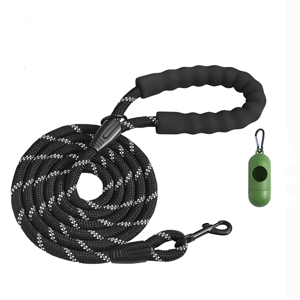 6ft Heavy Duty Dog Leash with Padded Handle, Reflective Nylon Rope Lead for Medium & Large Dogs, 1/2 Inch Thick Black Training Walking Leash