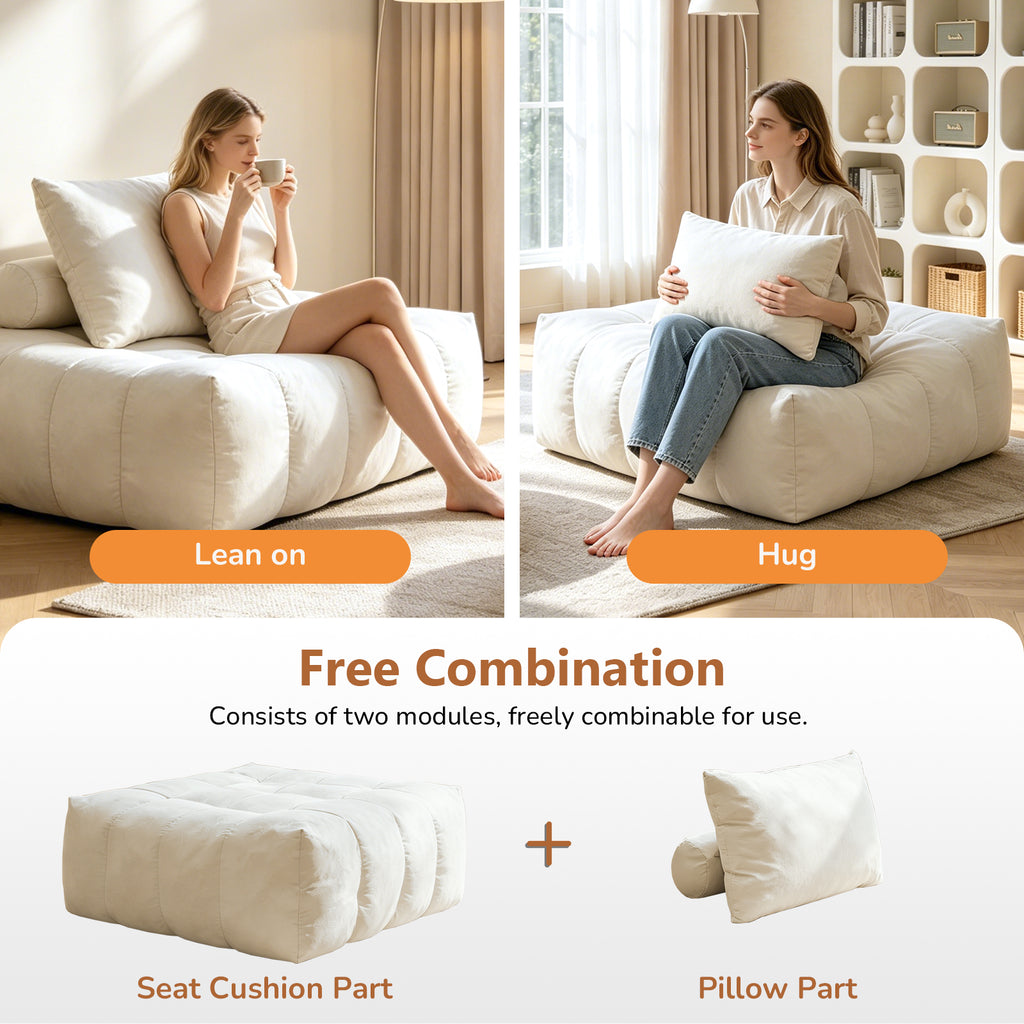 AEELLEEA Bean Bag Lounge Chair for Adults with Pillow, Foam Filled Armless Accent Chair, Cozy Floor Sofa for Living Room, White