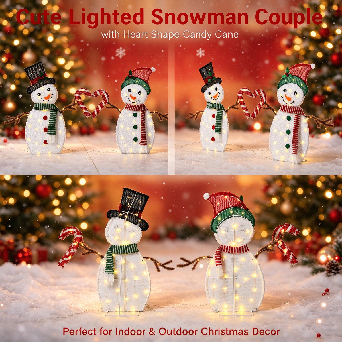 30 Inch Set of 2 Lighted Snowman Couple Christmas Decorations, 2D Tinsel Snowmen with Heart Candy Cane, Plug-in Light Up for Indoor Outdoor Xmas Winter Yard Lawn Garden Decor