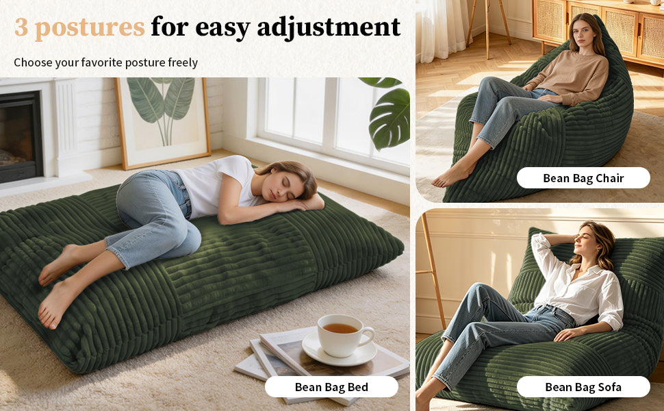 AEELLEEA Green Convertible Corduroy Bean Bag Chair, 3-in-1 Floor Sofa Bed with High Density Sponge for Home Decor