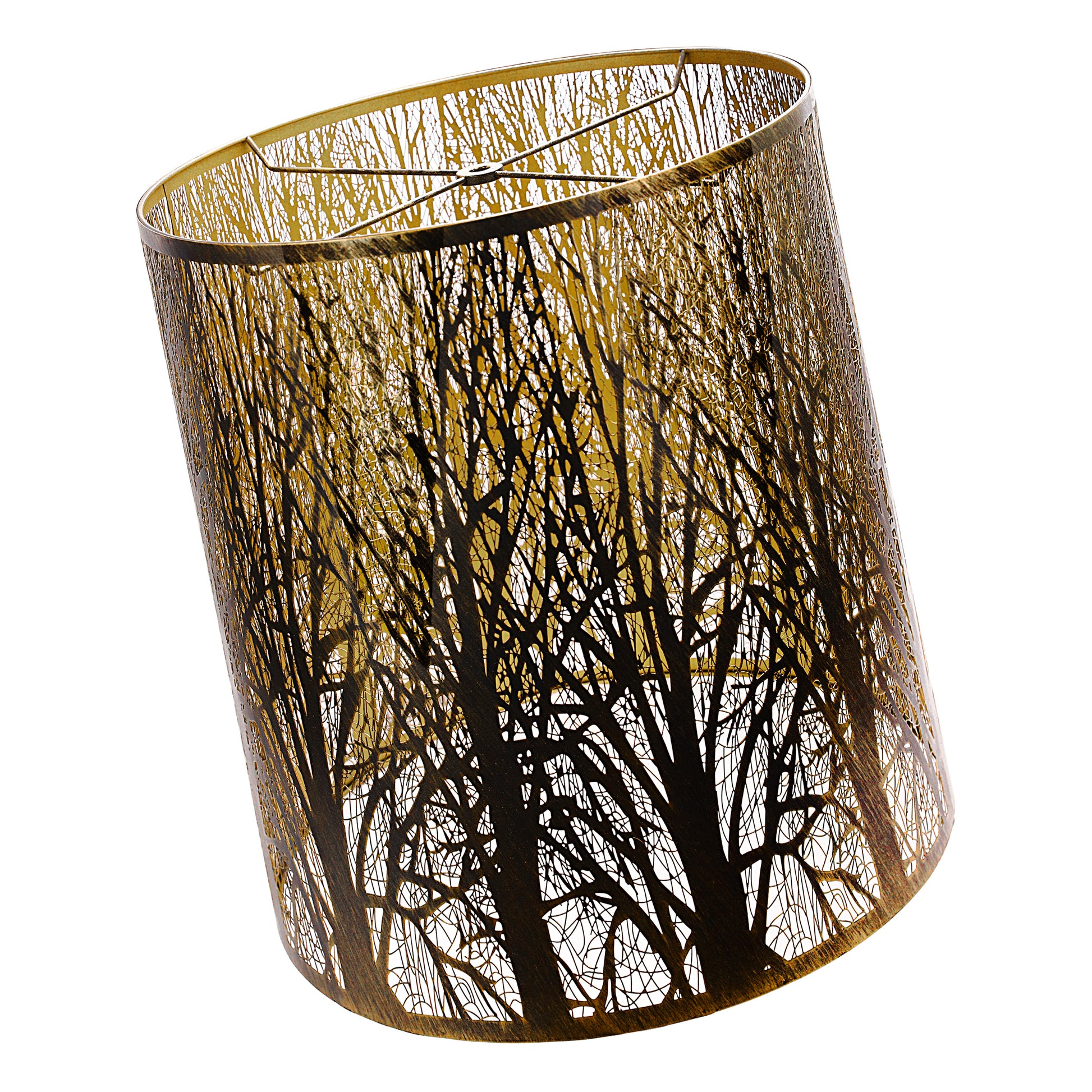ALUCSET 14"×17" Cylinder Metal Lamp Shade, Black Gold Forest Etched Tree Shadow Lampshade with Spider Fitter for Table & Floor Lamps
