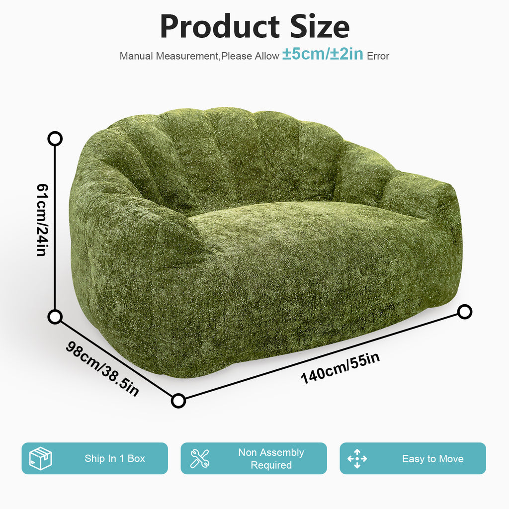 AEELLEEA 55" 2-Seater Floor Sofa, Plush Foam Bean Bag Couch with Deep Seat, Non-Slip Bottom, No Assembly, Green
