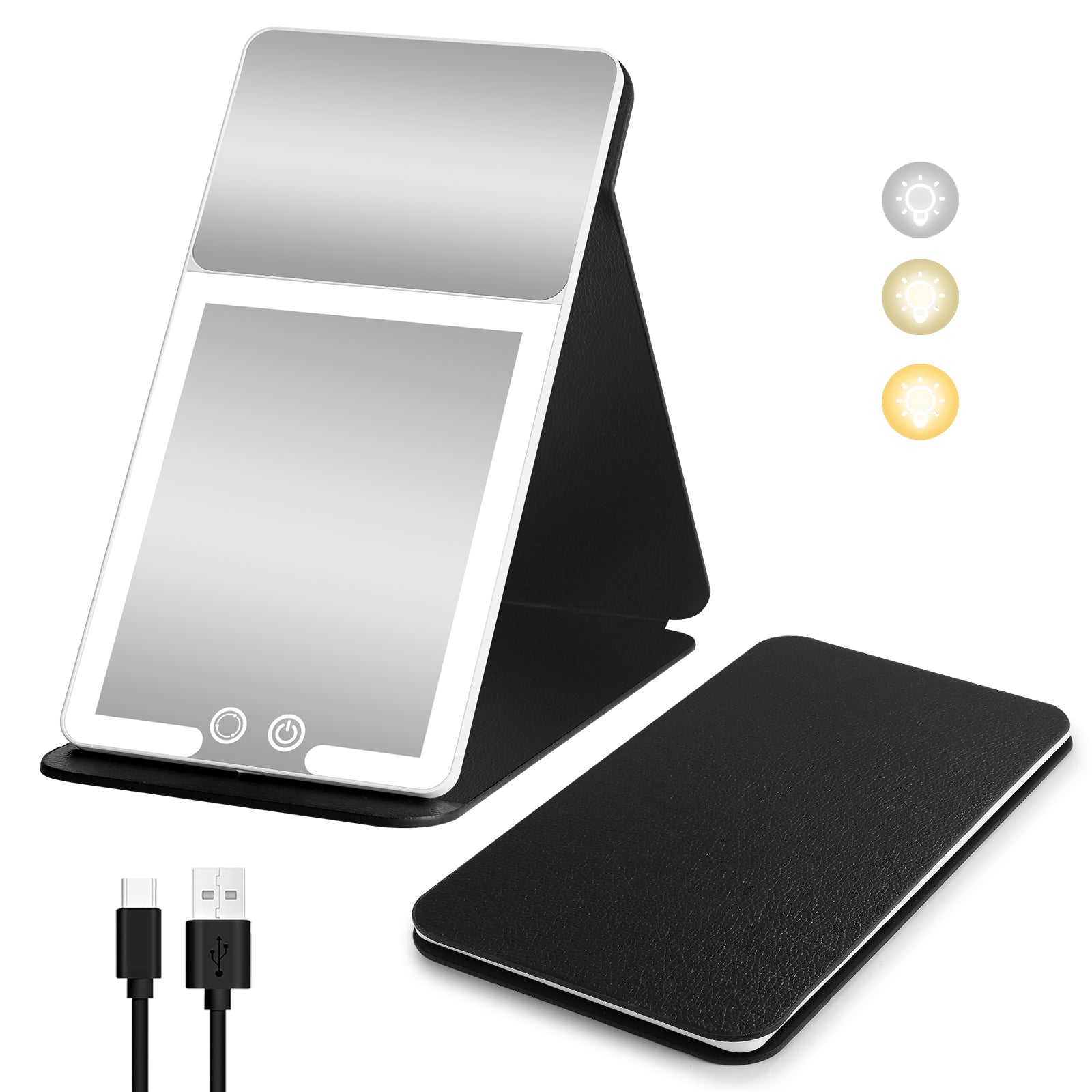 20X Magnification LED Travel Mirror  3Color Light Black Leather Case Portable